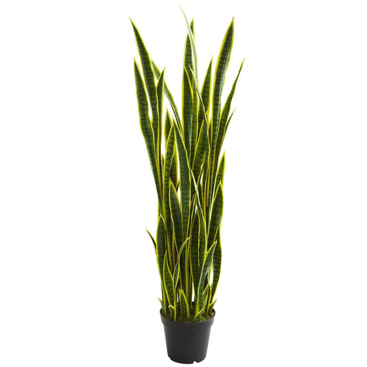 5’ Sansevieria artificial plant from Nearly Natural green leaves edged in yellow in a pot on Tampa Home & Garden Store