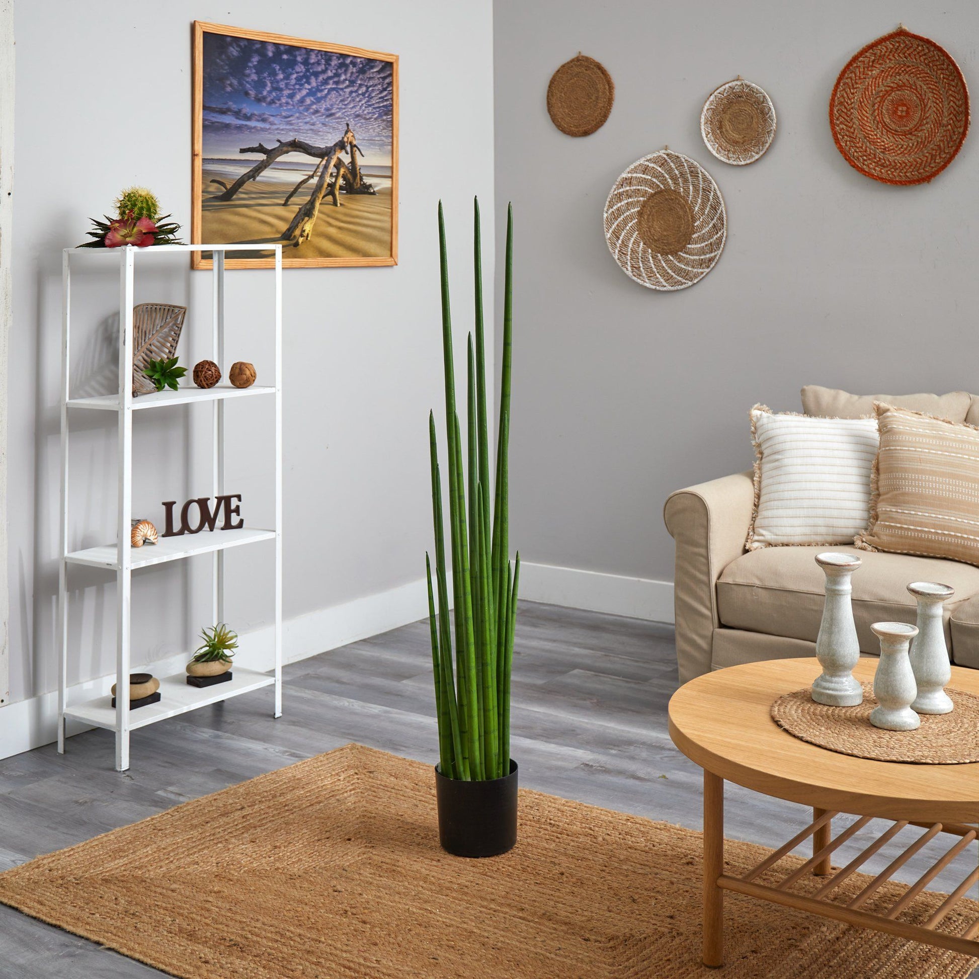 Artificial 5 ft Sansevieria snake plant in a black pot with tall green leaves beside a white shelf on Tampa Home & Garden Store
