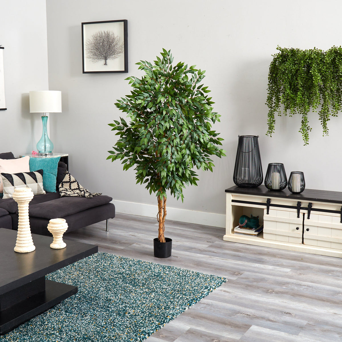 5' Smilax Tree Nearly Natural with lush green leaves in a contemporary living room on Tampa Home & Garden Store