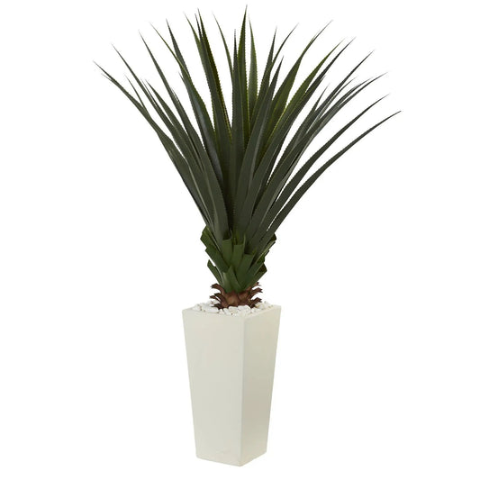 Spiky Agave Plant In White Tower Planter artificial dark green leaves with white pebbles on Tampa Home & Garden Store