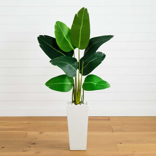 5’ Travelers Palm Artificial Tree in Tall White Planter - Tampa Home & Garden Store