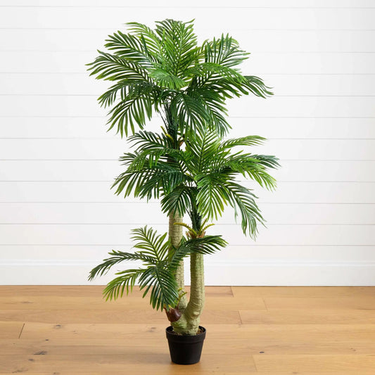 5 Foot Triple Phoenix Palm Artificial Tree with lush green fronds in a black pot on Tampa Home & Garden Store