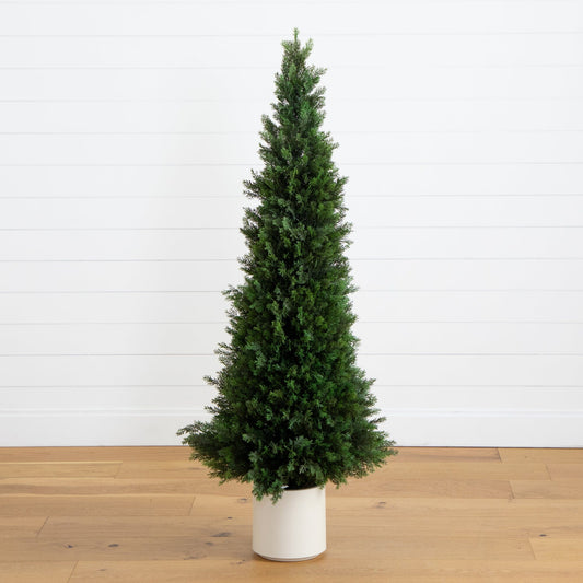 5’ UV Resistant Artificial Cedar Tree in Decorative White Planter (Indoor/Outdoor) - Tampa Home & Garden Store