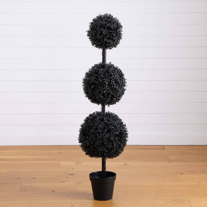 5' UV Resistant Halloween Black Triple-Ball Boxwood Topiary in Pot Nearly Natural on Tampa Home & Garden Store