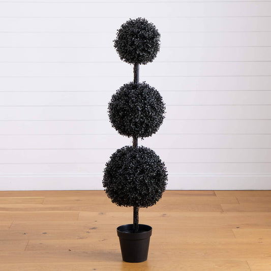 5' UV Resistant Halloween Black Triple-Ball Boxwood Topiary in Pot Nearly Natural on Tampa Home & Garden Store