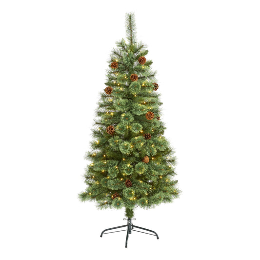 5 ft White Mountain Pine Christmas Tree by Nearly Natural with 200 LED lights and pinecones on Tampa Home & Garden Store