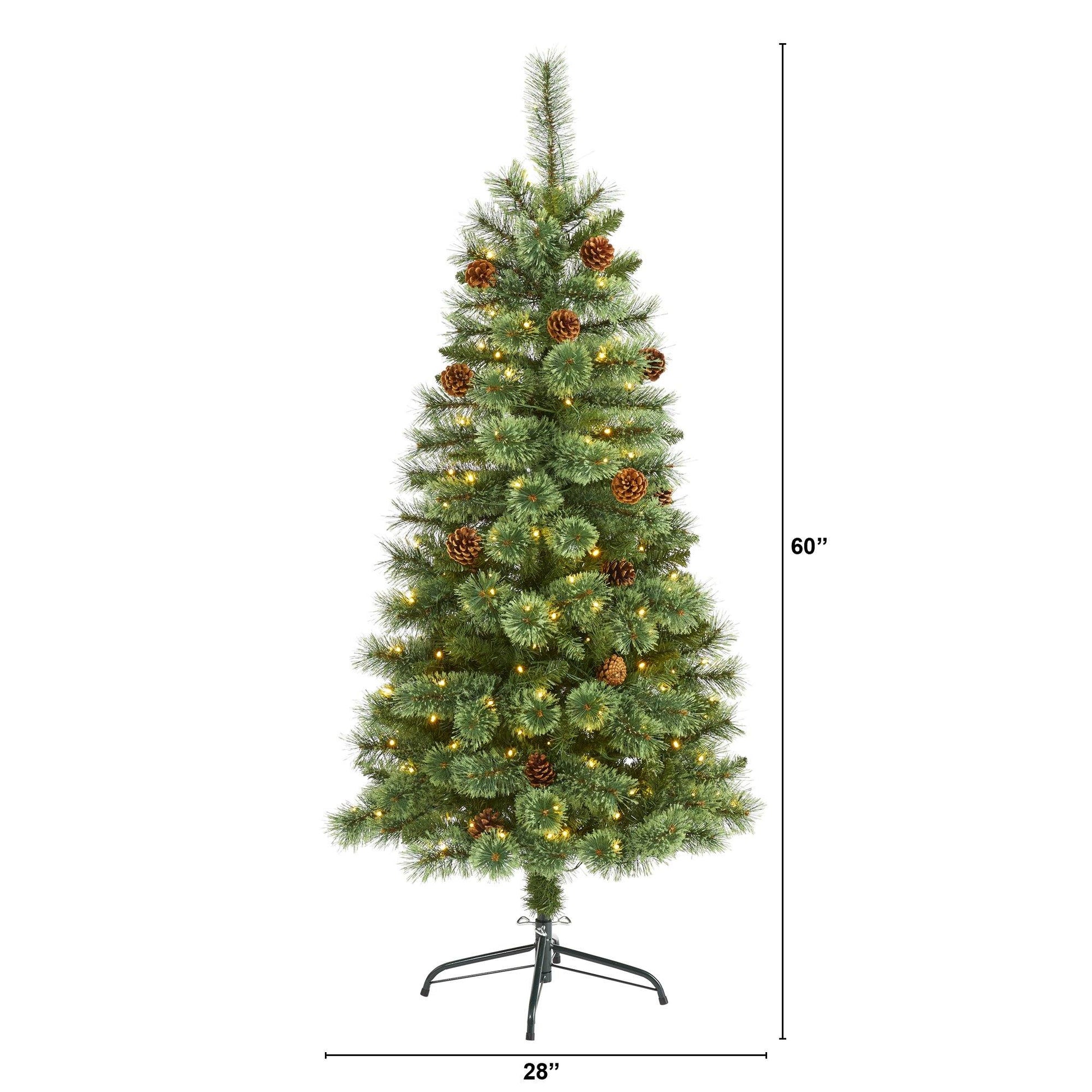 5' White Mountain Pine Christmas tree with 200 LED lights and pine cones on a stand on Tampa Home & Garden Store
