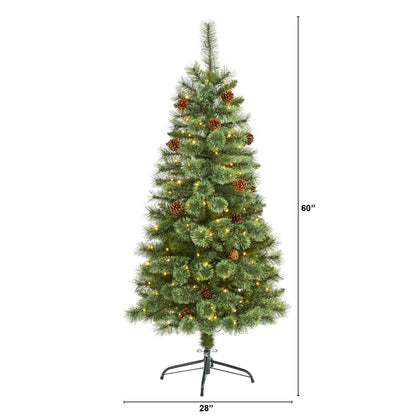 5' White Mountain Pine Christmas tree with 200 LED lights and pine cones on a stand on Tampa Home & Garden Store