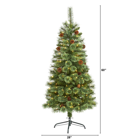 5' White Mountain Pine Christmas tree with 200 LED lights and pine cones on a stand on Tampa Home & Garden Store