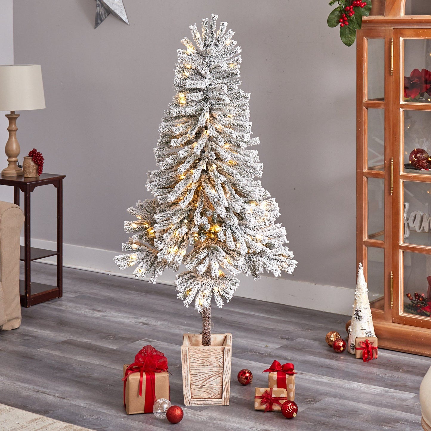 5' Winter Flocked Leaning Christmas Tree Pre-Lit