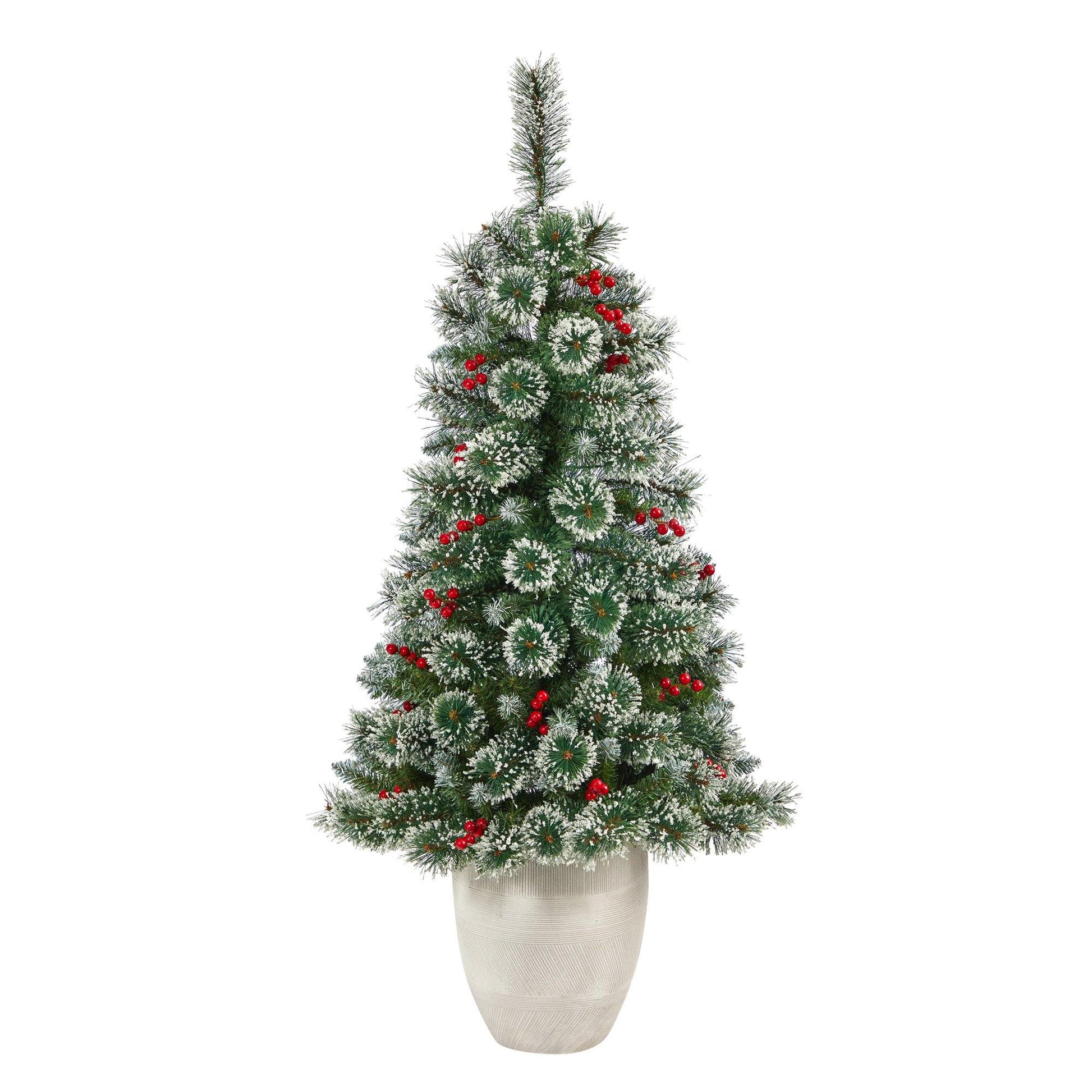 50” frosted Swiss pine artificial Christmas tree with 100 LED lights and berries in white planter on Tampa Home & Garden Store