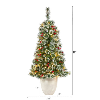 50in Frosted Swiss Pine Christmas Tree by Nearly Natural white planter with 100 clear LED lights on Tampa Home & Garden Store