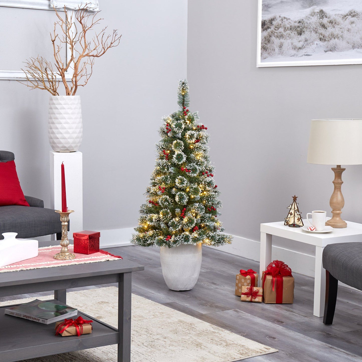 50in frosted Swiss Pine Christmas tree by Nearly Natural with 100 LED lights in white planter on Tampa Home & Garden Store