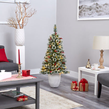50in frosted Swiss Pine Christmas tree by Nearly Natural with 100 LED lights in white planter on Tampa Home & Garden Store