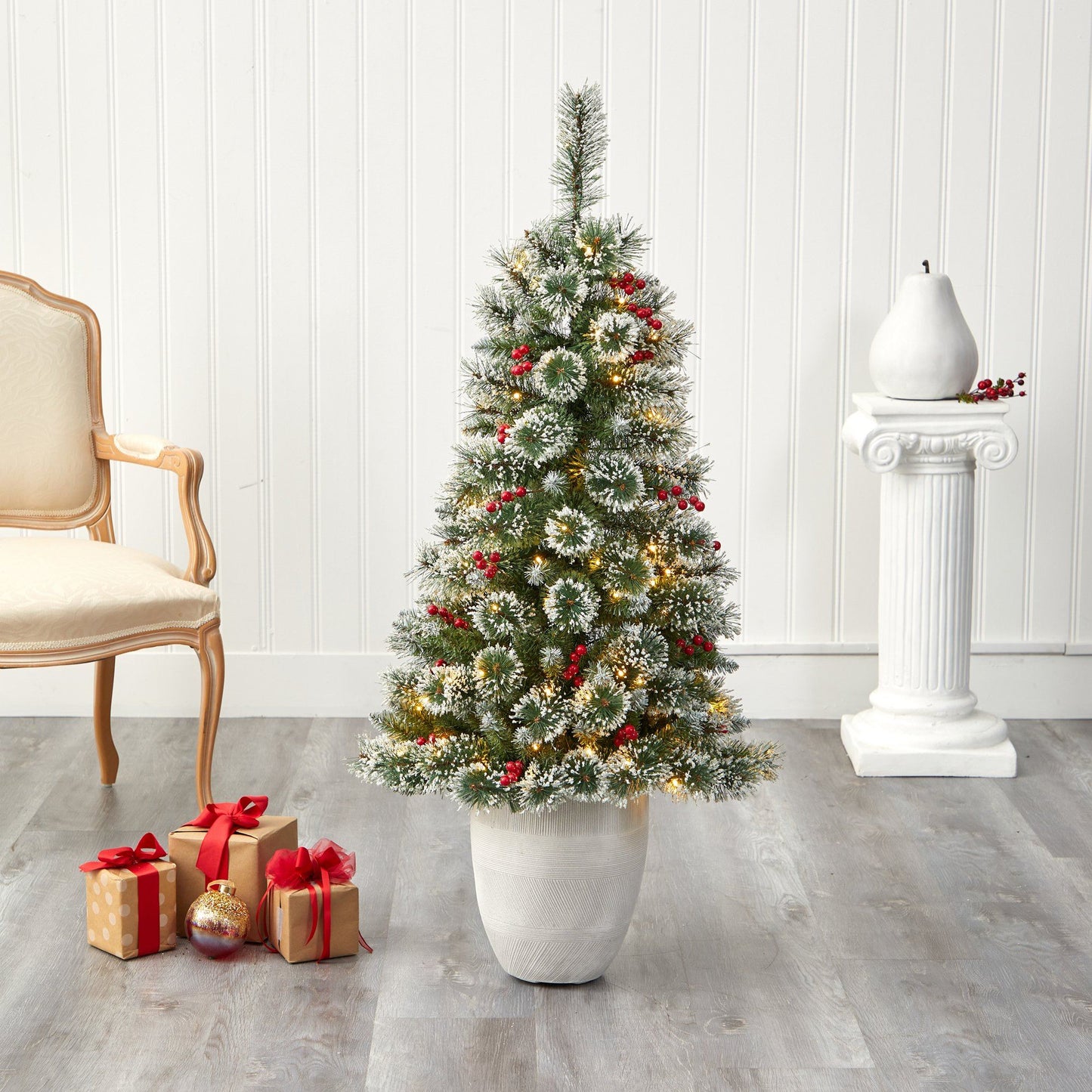 50in Frosted Swiss Pine Christmas Tree with 100 LED lights and berries in white planter on Tampa Home & Garden Store