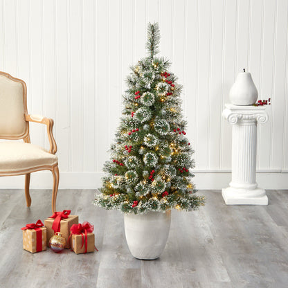 50in Frosted Swiss Pine Christmas Tree with 100 LED lights and berries in white planter on Tampa Home & Garden Store