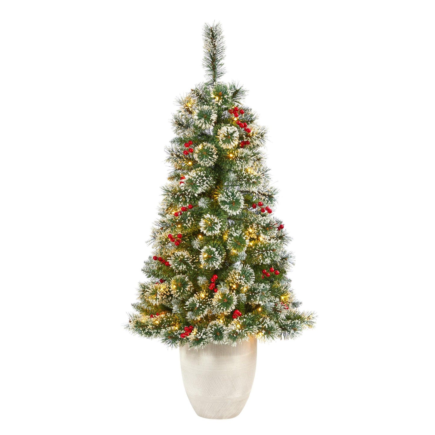 50-inch Frosted Swiss Pine Christmas Tree with 100 clear LED lights and berries in a white planter on Tampa Home & Garden Store