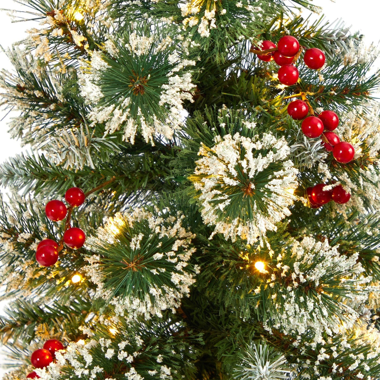 50in Frosted Swiss Pine Christmas tree with 100 clear LED lights and red berries in planter on Tampa Home & Garden Store