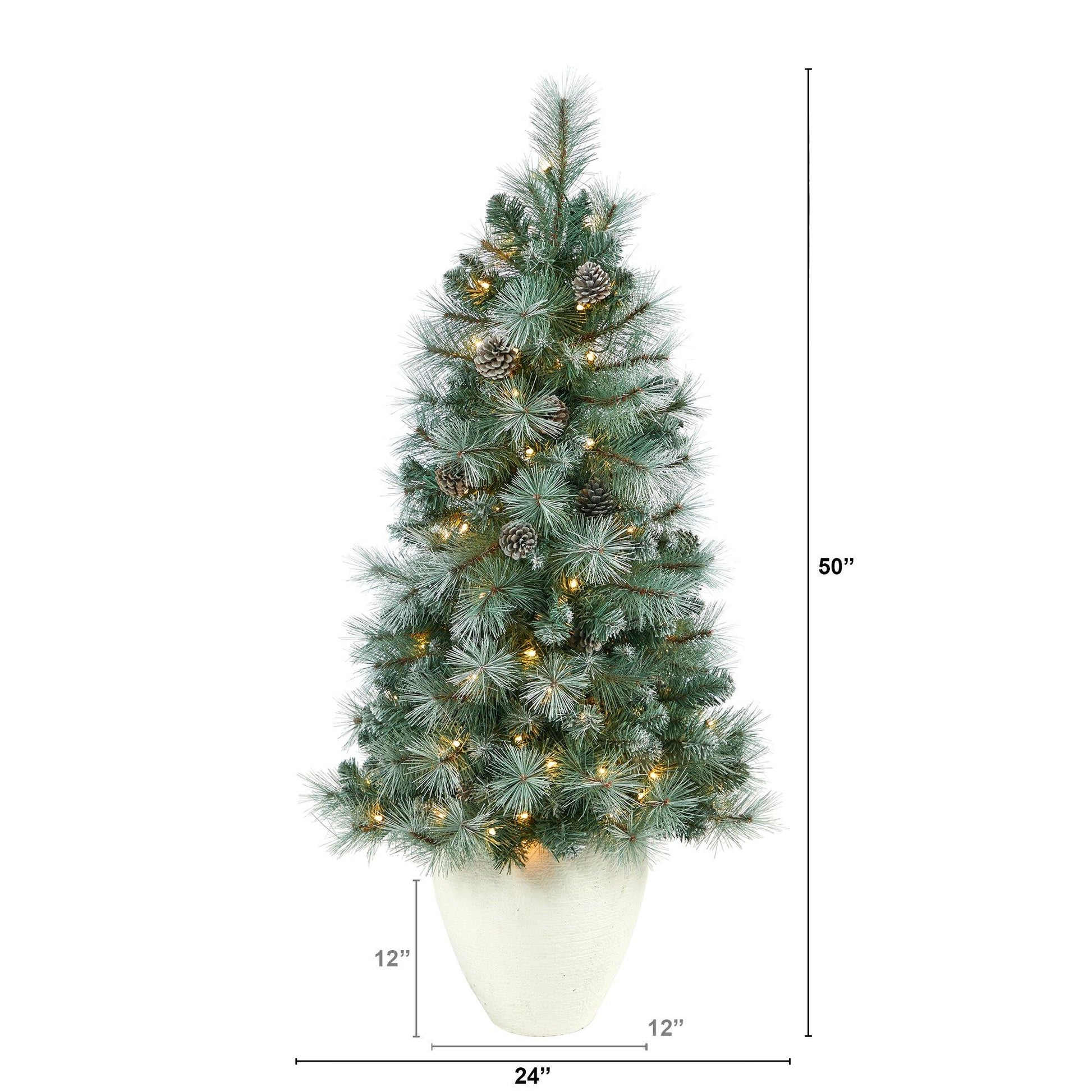 Nearly Natural 50in Frosted Tip Mountain Pine tree with 100 clear lights in white planter on Tampa Home & Garden Store