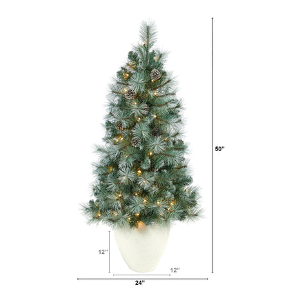 Nearly Natural 50in Frosted Tip Mountain Pine tree with 100 clear lights in white planter on Tampa Home & Garden Store