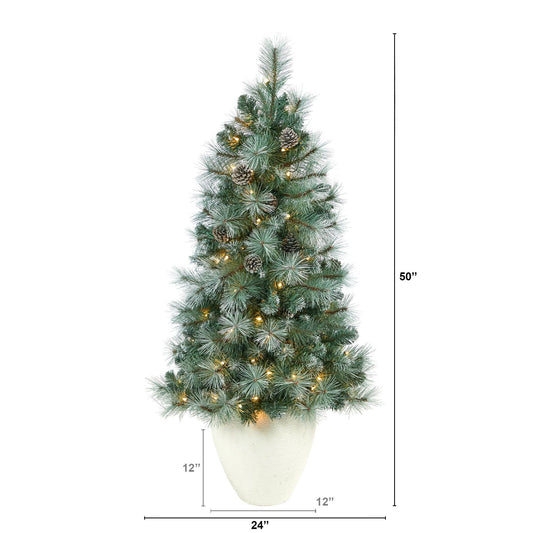 Nearly Natural 50in Frosted Tip Mountain Pine tree with 100 clear lights in white planter on Tampa Home & Garden Store