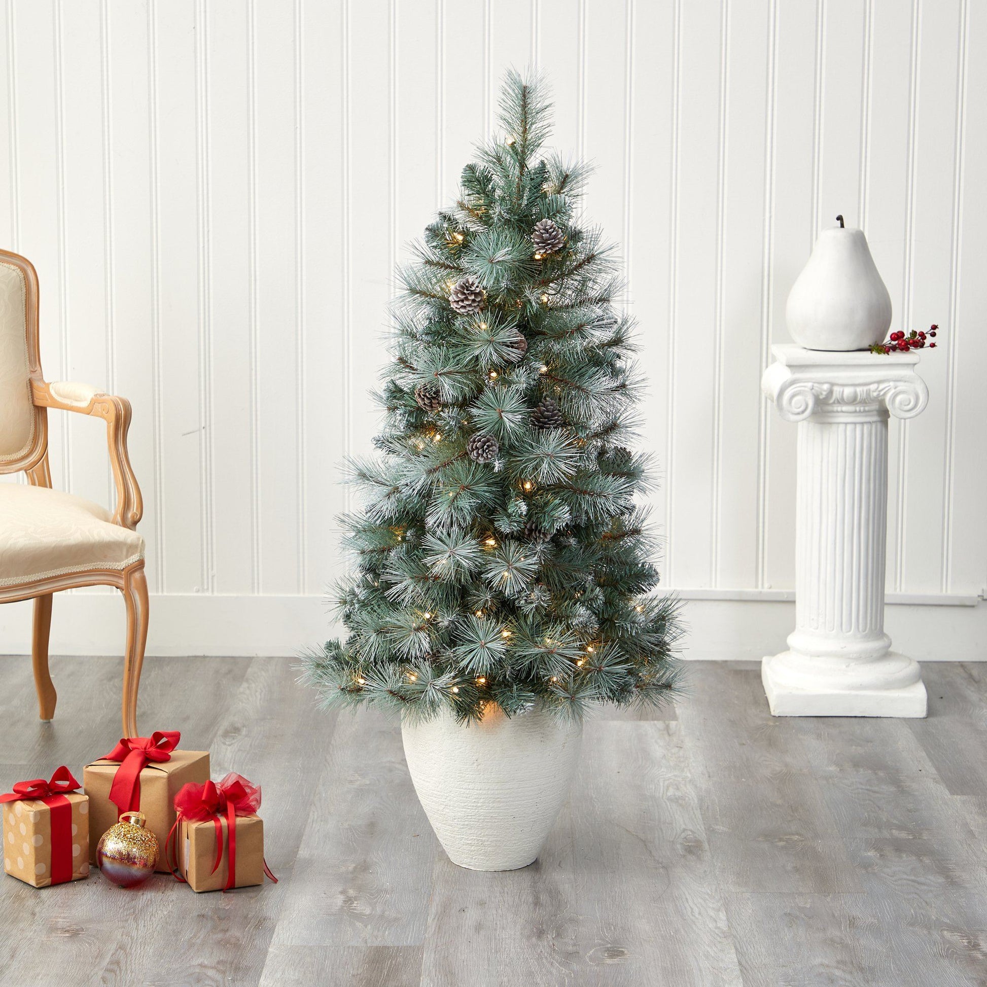 Christmas tree Nearly Natural 50in frosted tip BC mountain pine in white planter with 100 lights on Tampa Home & Garden Store