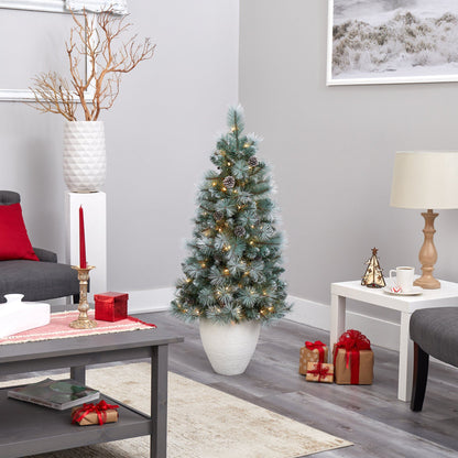 Nearly Natural 50” Frosted Tip BC Mountain Pine Christmas tree in white planter with 100 lights on Tampa Home & Garden Store