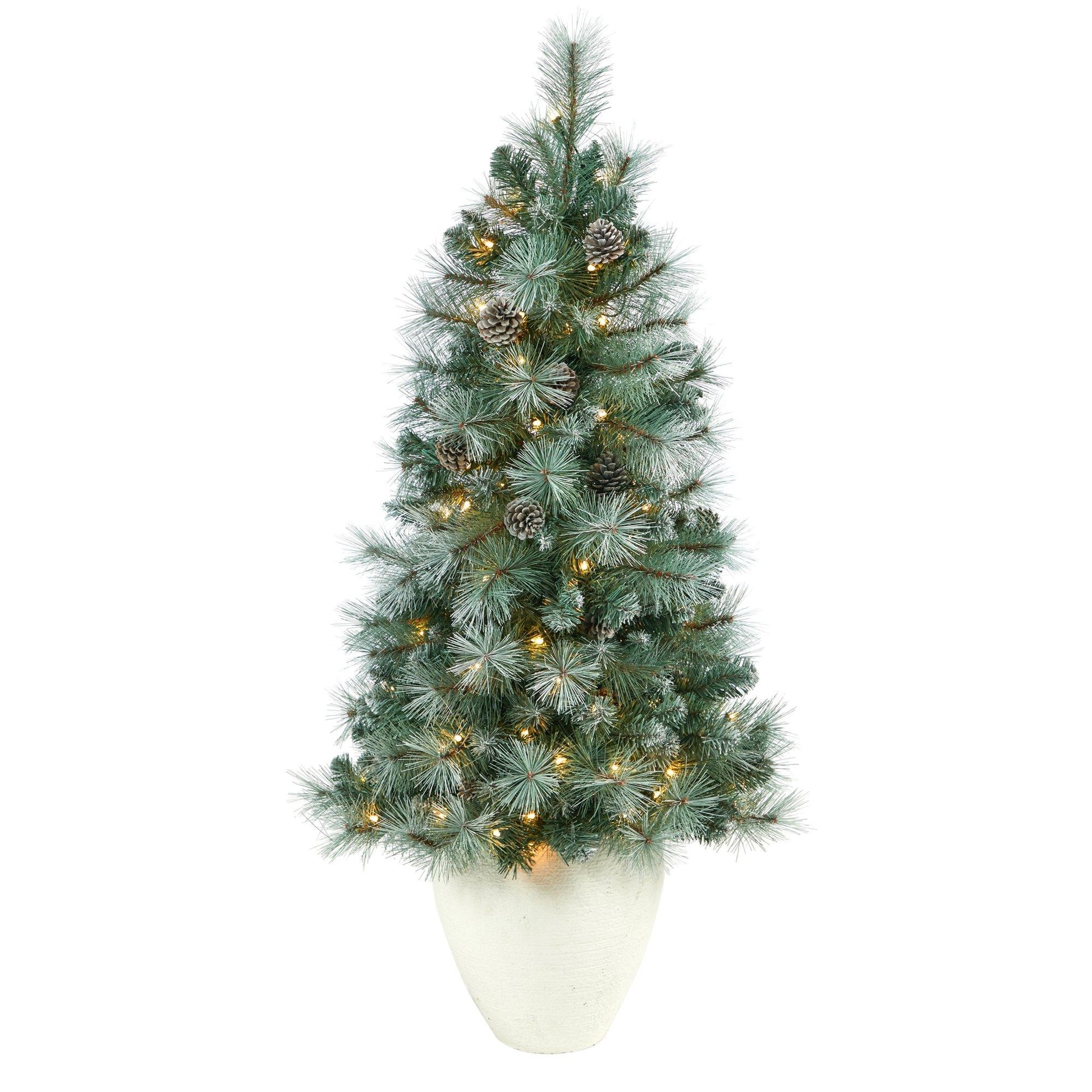 Nearly Natural 50in frosted-tip pine Christmas tree with 100 lights in white planter on Tampa Home & Garden Store