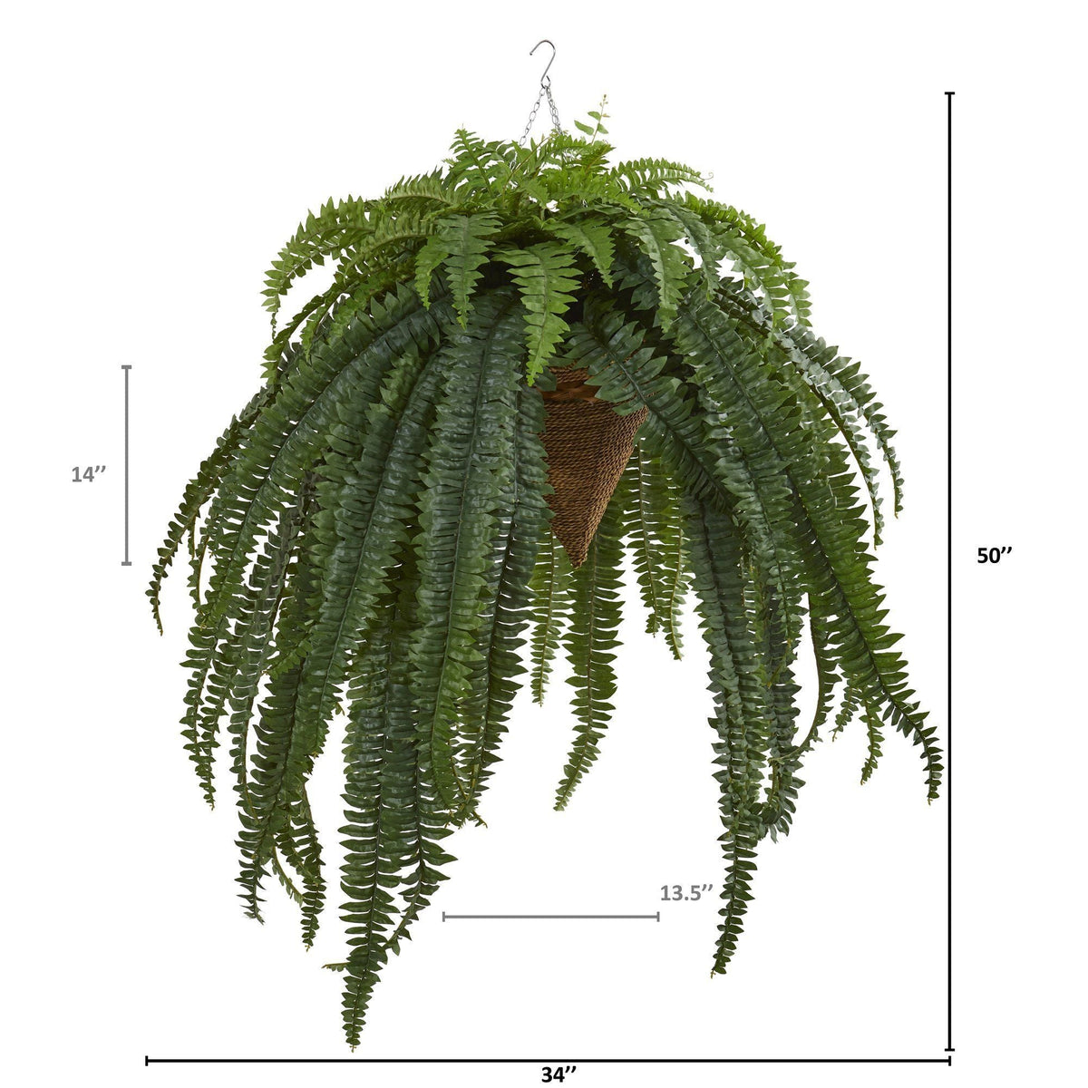 50” Giant Boston Fern Artificial Plant in Hanging Cone Nearly Natural, lush fronds in wicker cone on Tampa Home & Garden Store