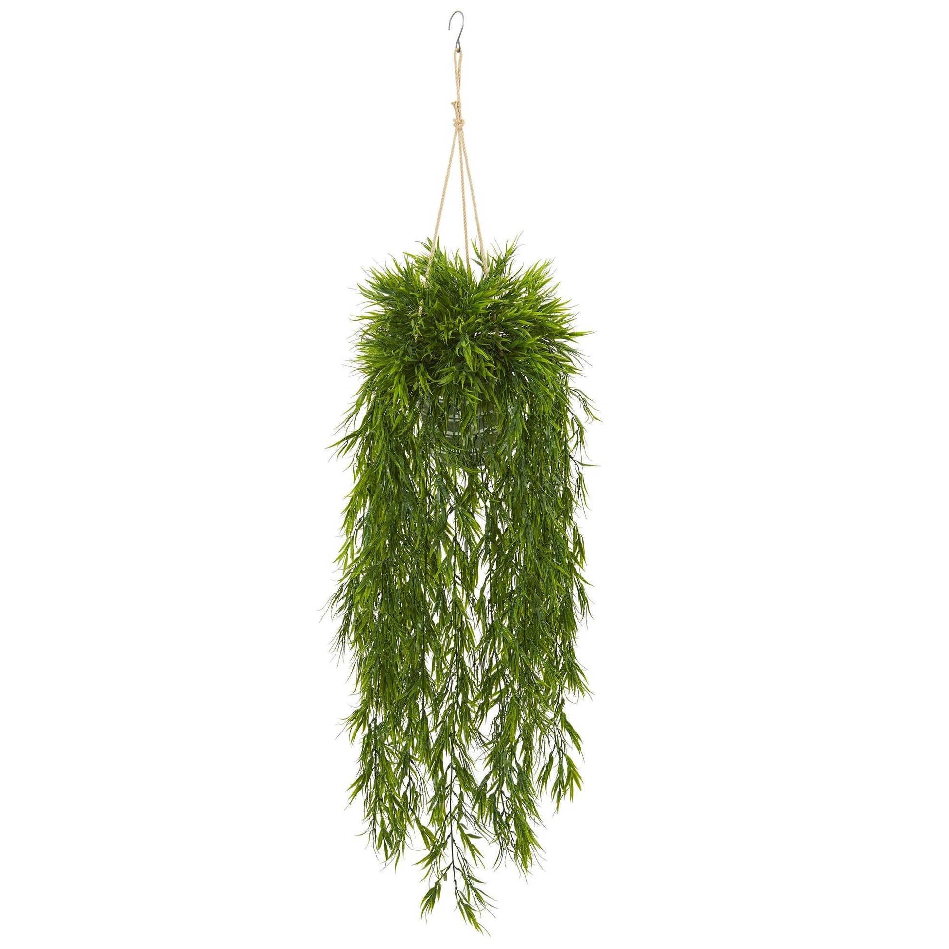 50” Bamboo Artificial Plant in Hanging Bucket by Nearly Natural, green leaves, jute rope on Tampa Home & Garden Store