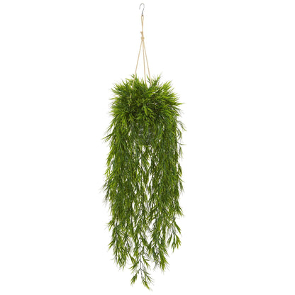 50” Bamboo Artificial Plant in Hanging Bucket by Nearly Natural, green leaves, jute rope on Tampa Home & Garden Store