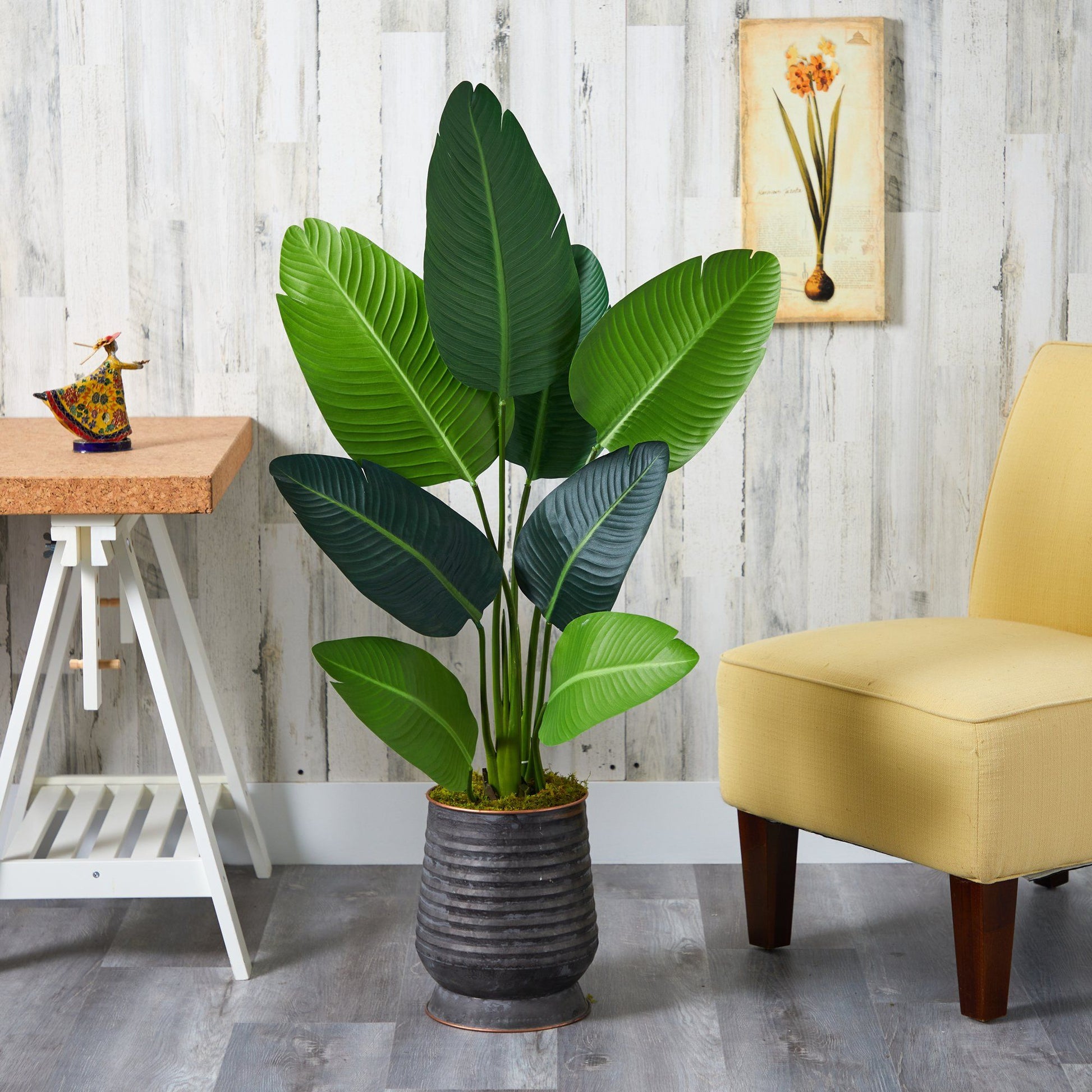 50-in Traveler's Palm artificial tree in ribbed metal planter by Nearly Natural with leaves on Tampa Home & Garden Store