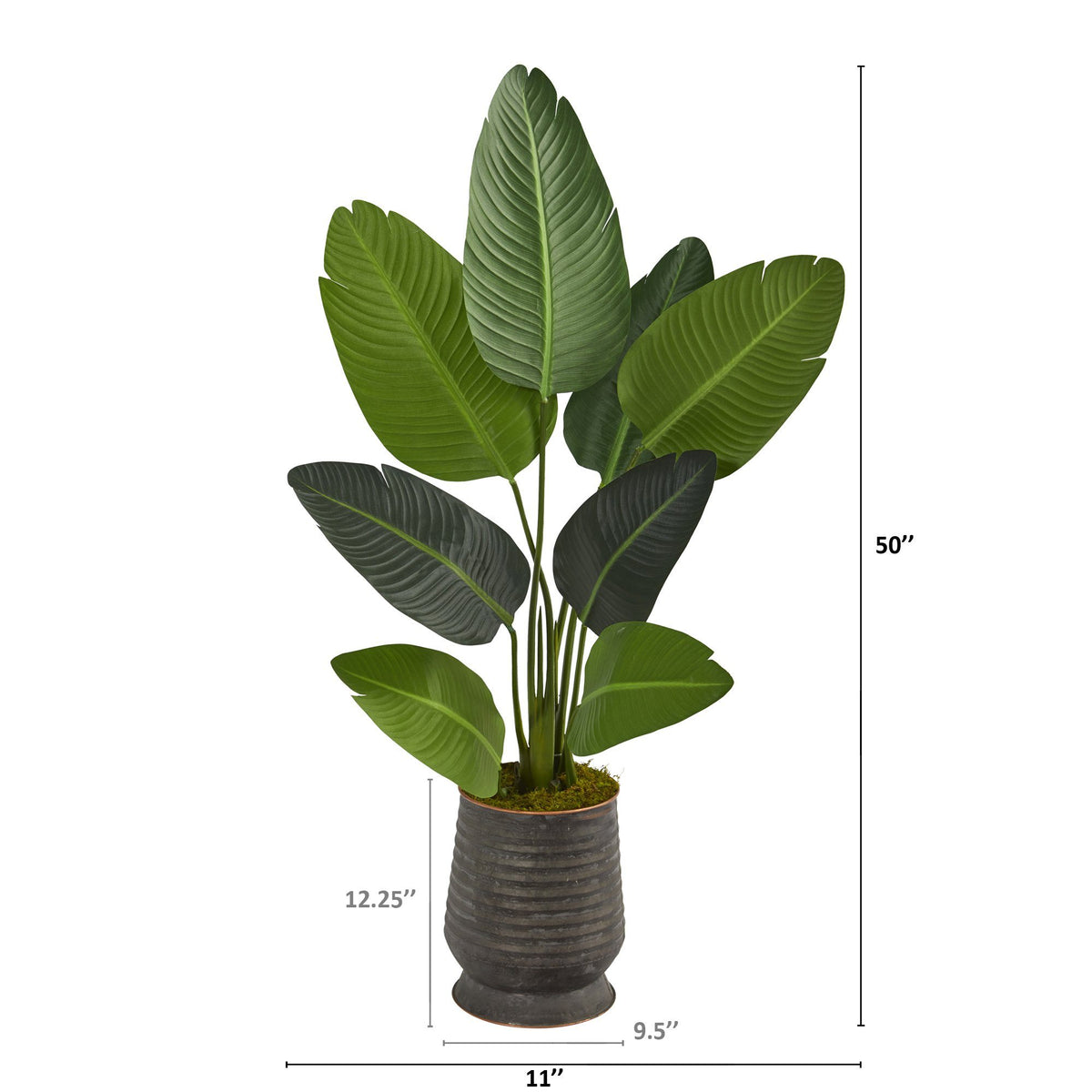 Traveler's Palm artificial tree in ribbed metal planter, green leaves, 50in on Tampa Home & Garden Store