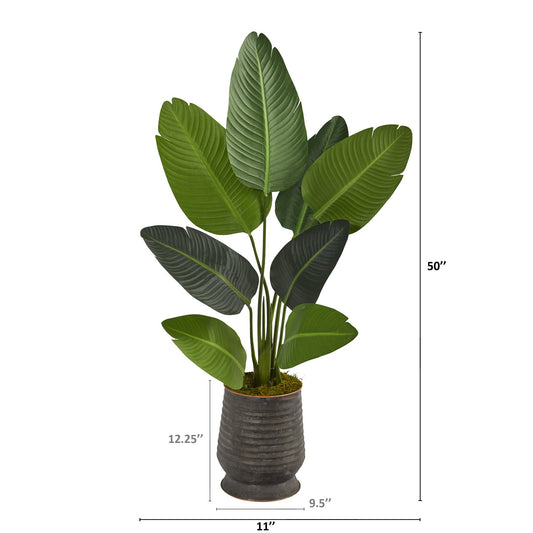 Traveler's Palm artificial tree in ribbed metal planter, green leaves, 50in on Tampa Home & Garden Store