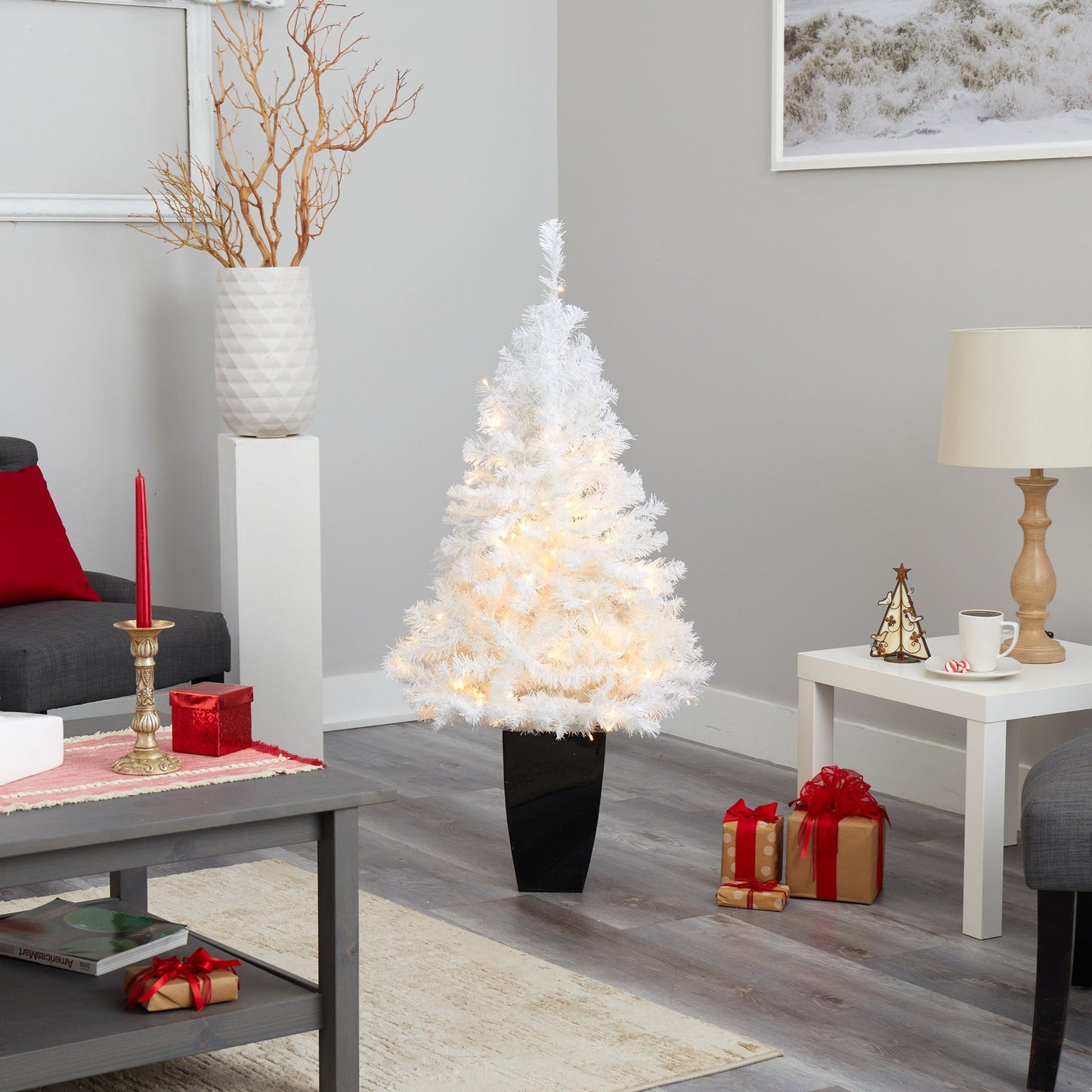 50in Nearly Natural white artificial Christmas tree with 100 clear LED lights in a black planter on Tampa Home & Garden Store
