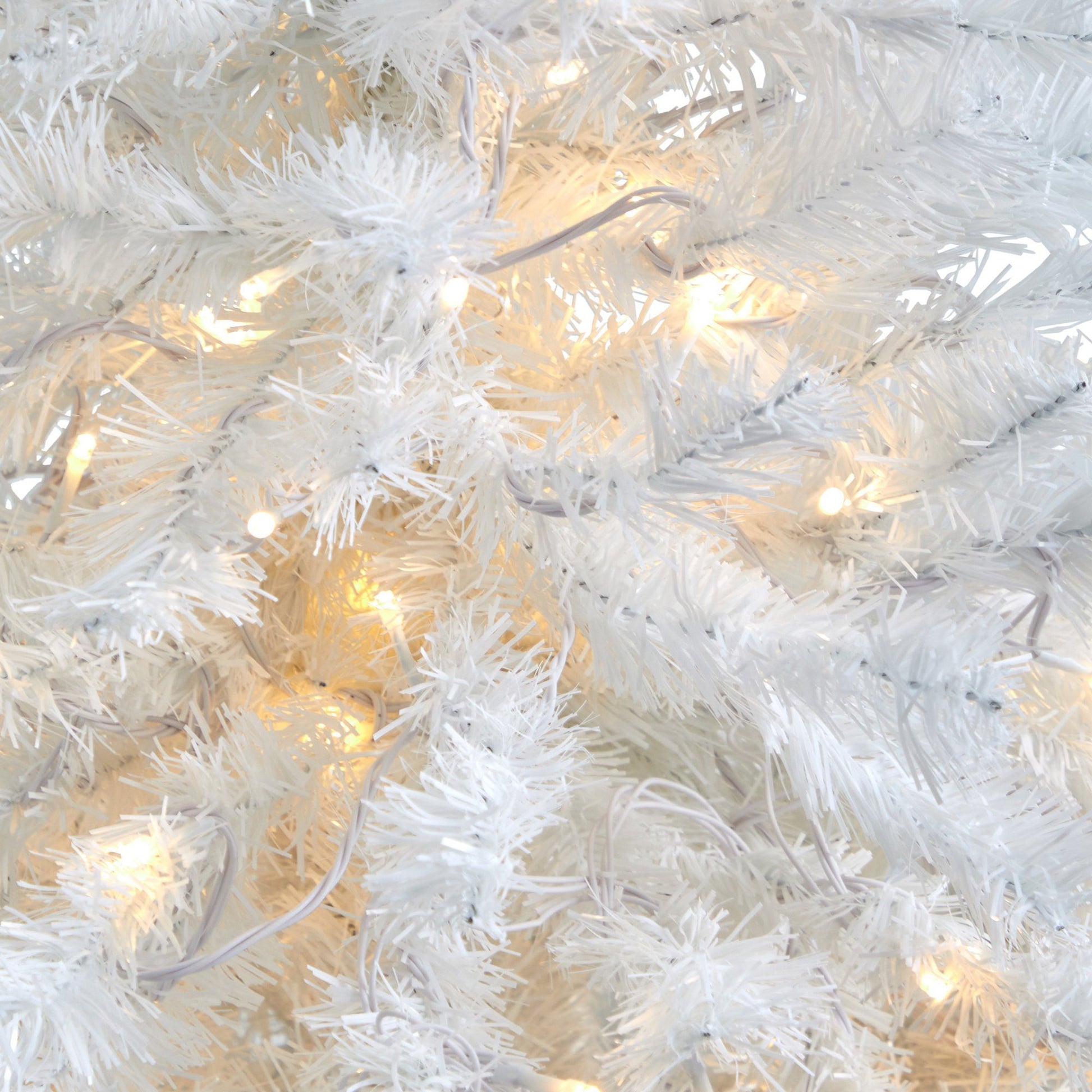 50-inch White Artificial Christmas Tree with clear LED lights close-up on white branches on Tampa Home & Garden Store