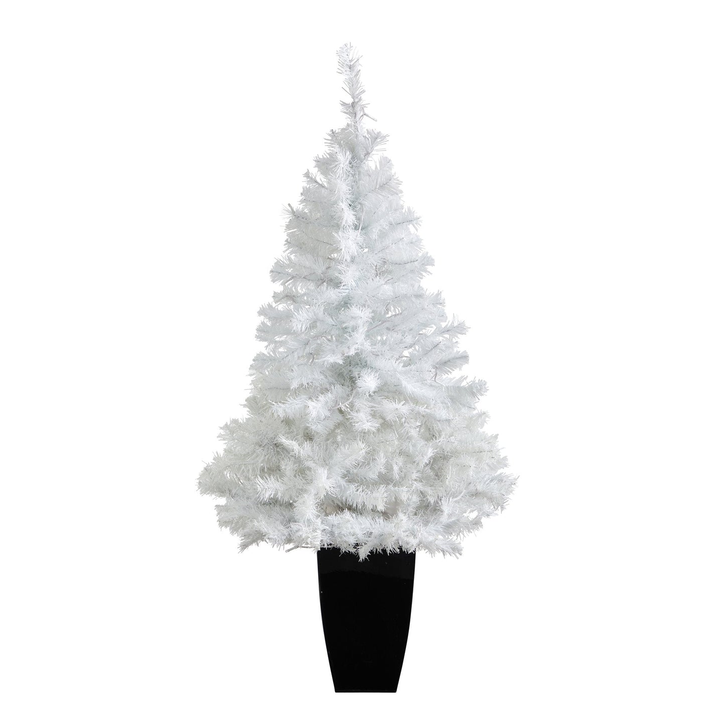 50in white artificial Christmas tree with 100 clear LED lights in a black metal planter on Tampa Home & Garden Store