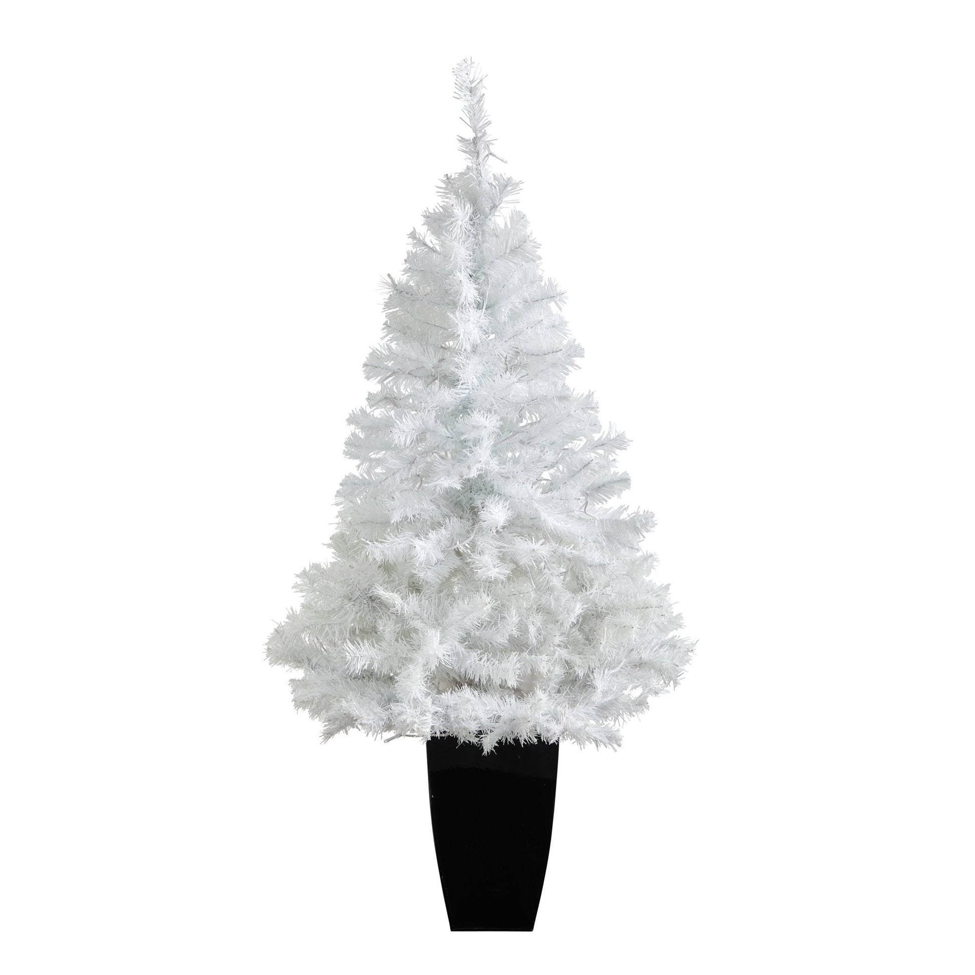 50in white artificial Christmas tree with 100 clear LED lights in a black metal planter on Tampa Home & Garden Store
