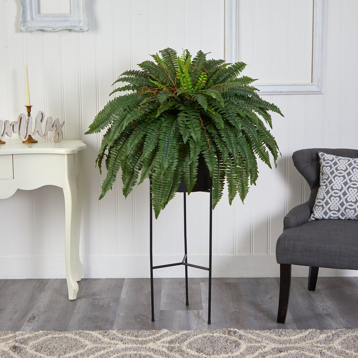 51-inch Boston fern artificial plant in black planter on stand, lush green fronds on Tampa Home & Garden Store