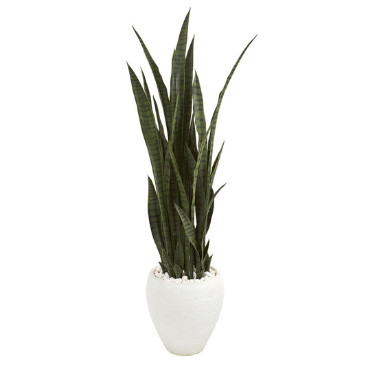51in Sansevieria artificial plant in white planter with white stones Nearly Natural on Tampa Home & Garden Store