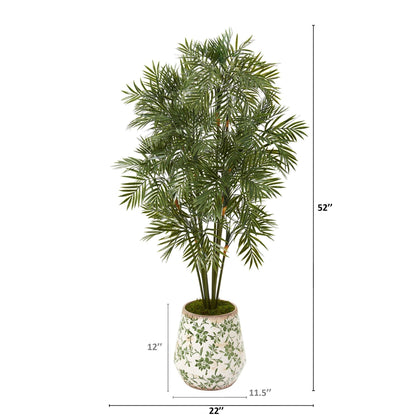 Parlor palm artificial tree by Nearly Natural, 52in, in a floral print planter with green fronds on Tampa Home & Garden Store