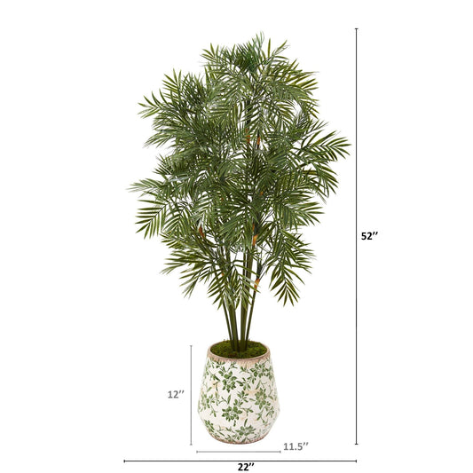 Parlor palm artificial tree by Nearly Natural, 52in, in a floral print planter with green fronds on Tampa Home & Garden Store