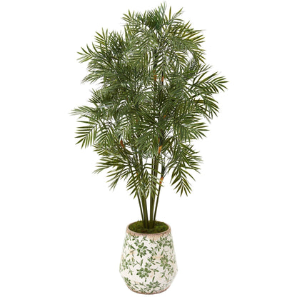 52-inch Parlor Palm Artificial Tree in Floral Print Planter, Nearly Natural, green fronds on Tampa Home & Garden Store