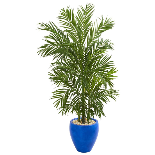 5.5’ Areca Palm Artificial Tree in blue planter with light pebbles, Nearly Natural on Tampa Home & Garden Store