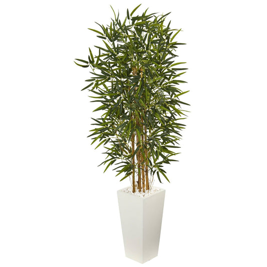 5.5ft bamboo artificial tree in white tower planter with green leaves and white stones by Nearly Natural on Tampa Home & Garden Store