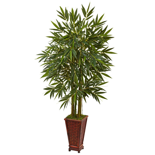 5.5ft bamboo tree in wood planter by Nearly Natural, green bamboo in brown planter on Tampa Home & Garden Store