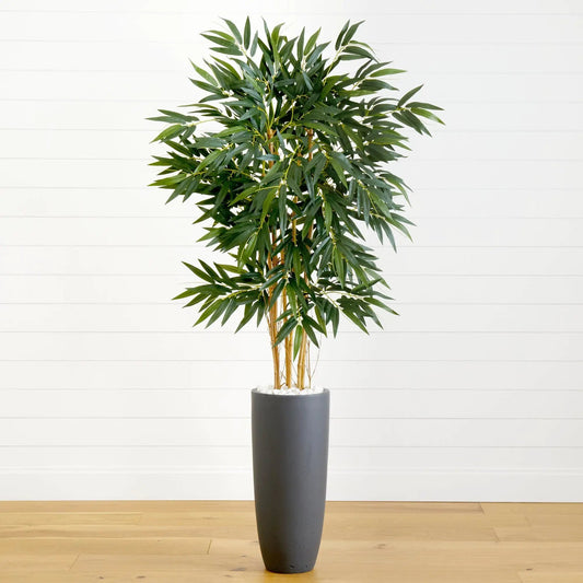 Tall Bamboo Tree in Gray Cylinder Planter by Nearly Natural artificial bamboo with green leaves on Tampa Home & Garden Store