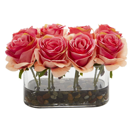 5.5” Blooming Roses in Glass Vase Artificial Arrangement - Tampa Home & Garden Store