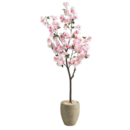 5.5’ Cherry Blossom Artificial Tree in Sand Colored Planter - Tampa Home & Garden Store