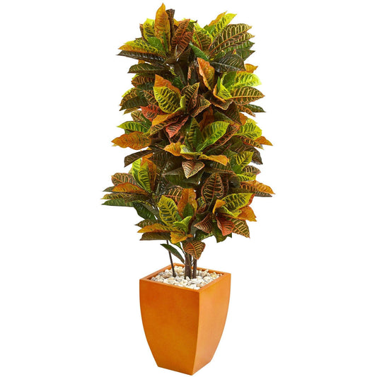 5.5' Croton Artificial Plant in orange planter with variegated leaves by Nearly Natural on Tampa Home & Garden Store